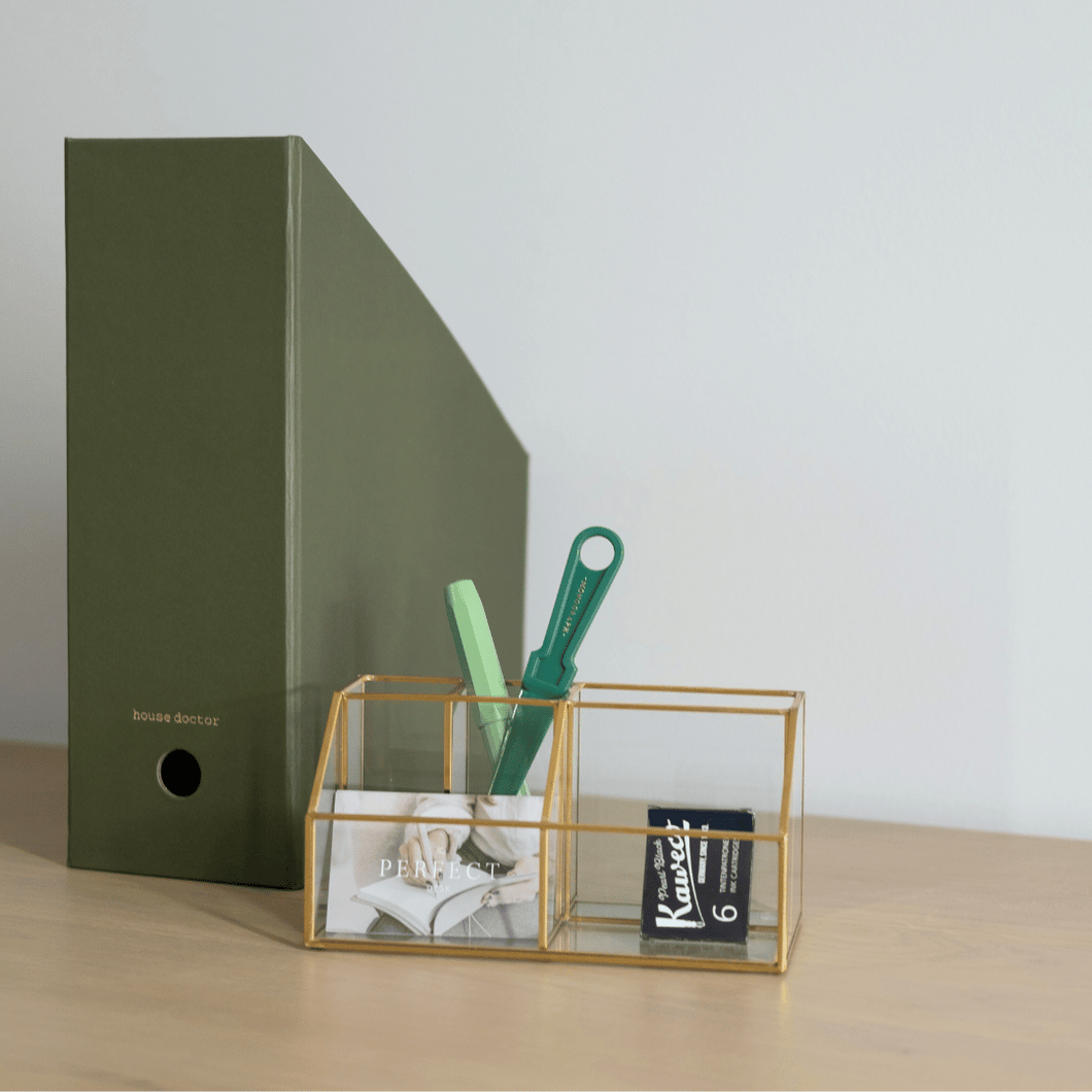 Desk organizer / pen tray - glass and gold